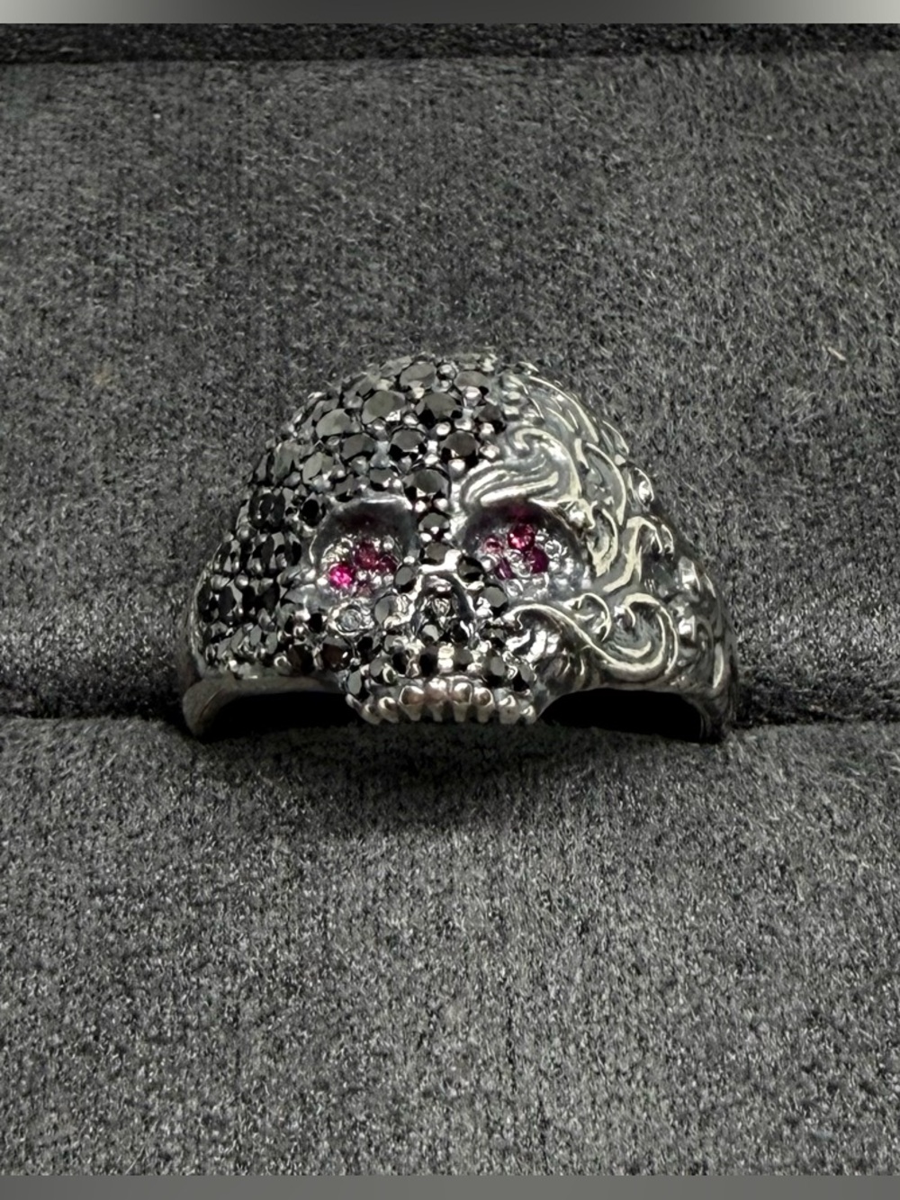 David Yurman skull ring with black diamonds and rubies